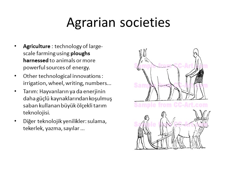 Agrarian societies Agriculture : technology of large-scale farming using ploughs harnessed to animals or